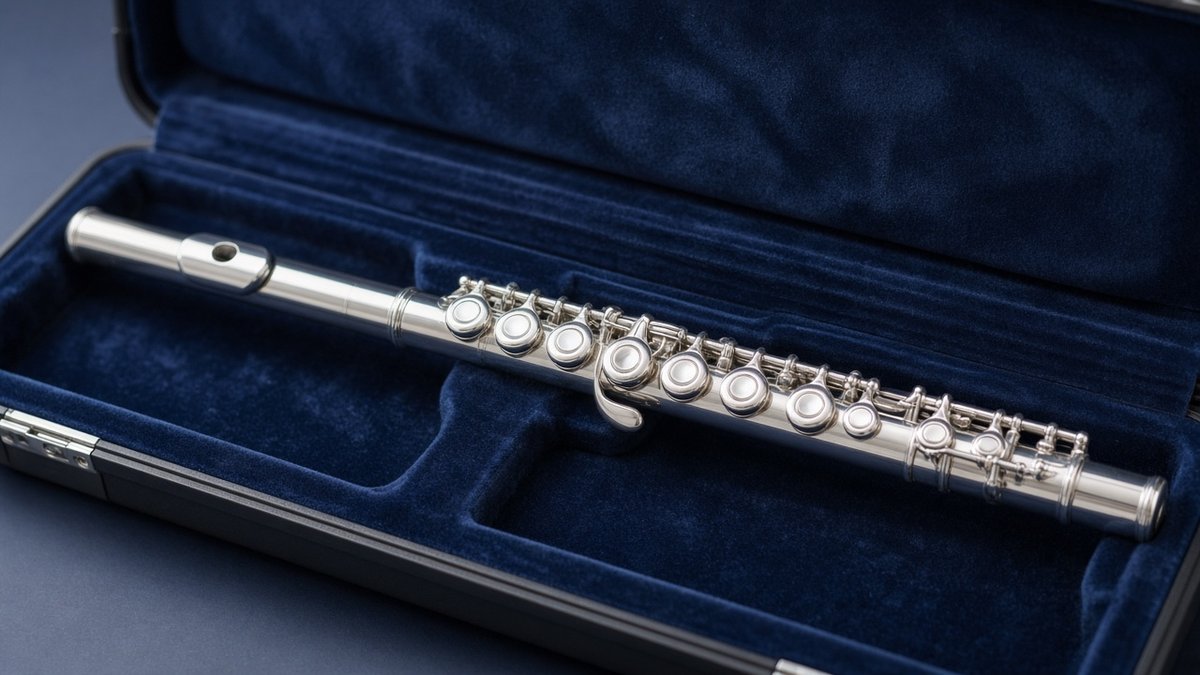 Silver flute in an open case with blue velvet lining