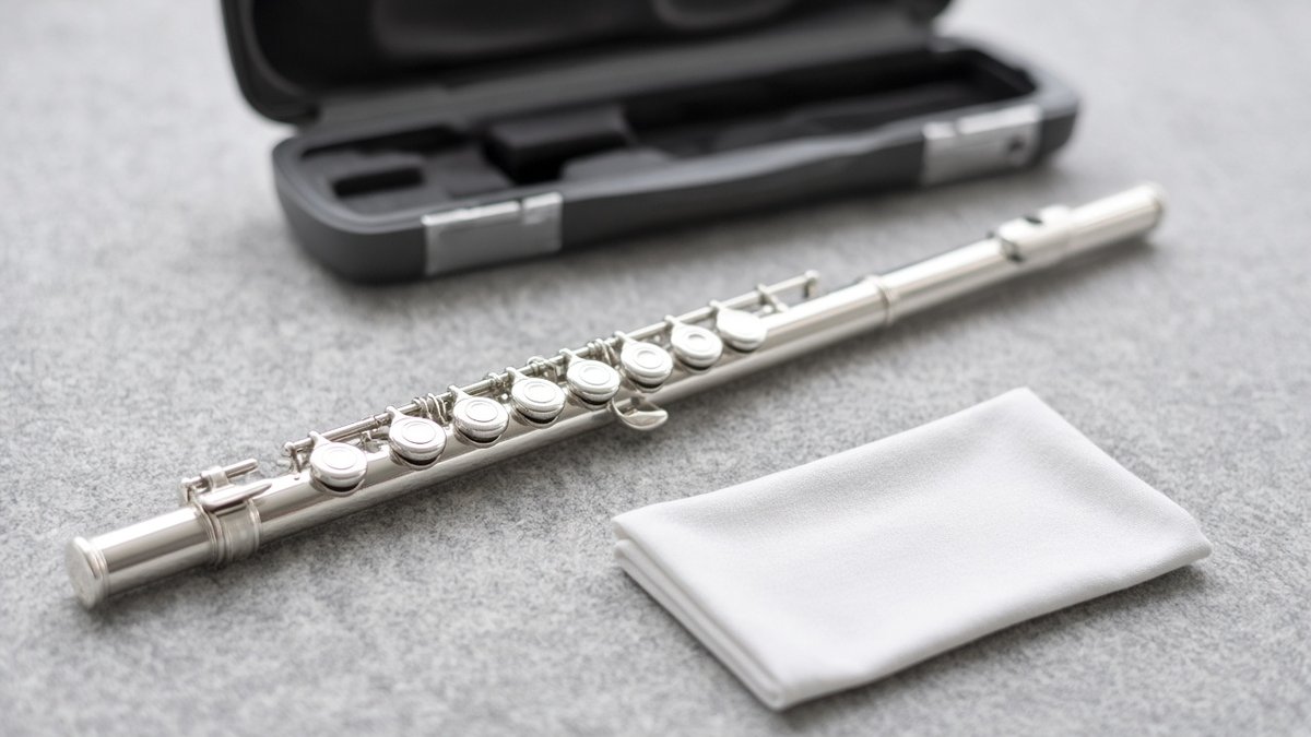 Silver student flute on grey felt with a cleaning cloth and open case