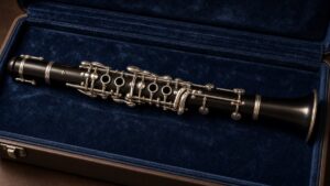 Intermediate clarinet in an open case with blue velvet lining