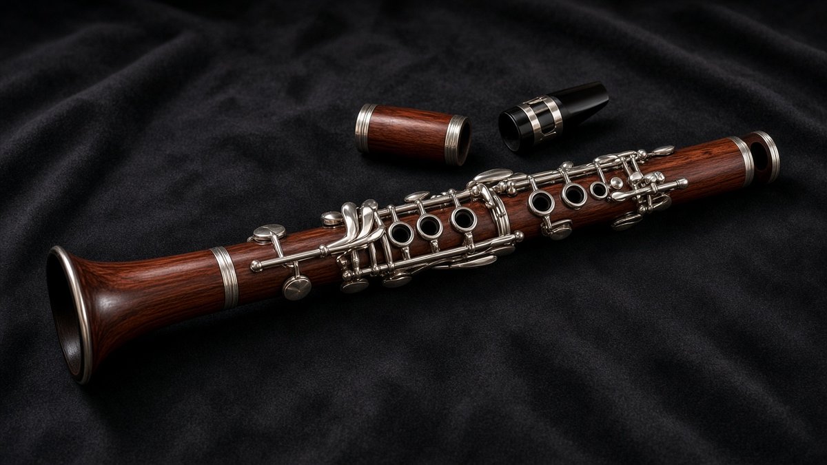 Rosewood intermediate clarinet disassembled on black velvet