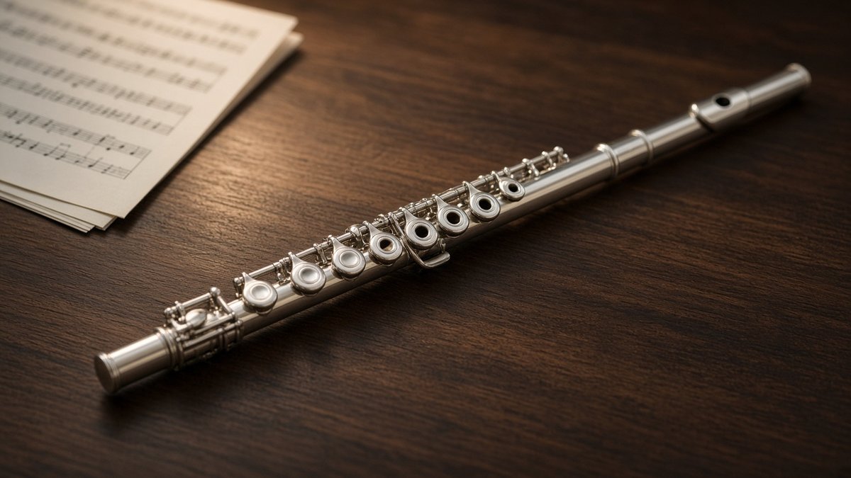 Silver intermediate flute lying next to sheet music on a dark wooden table