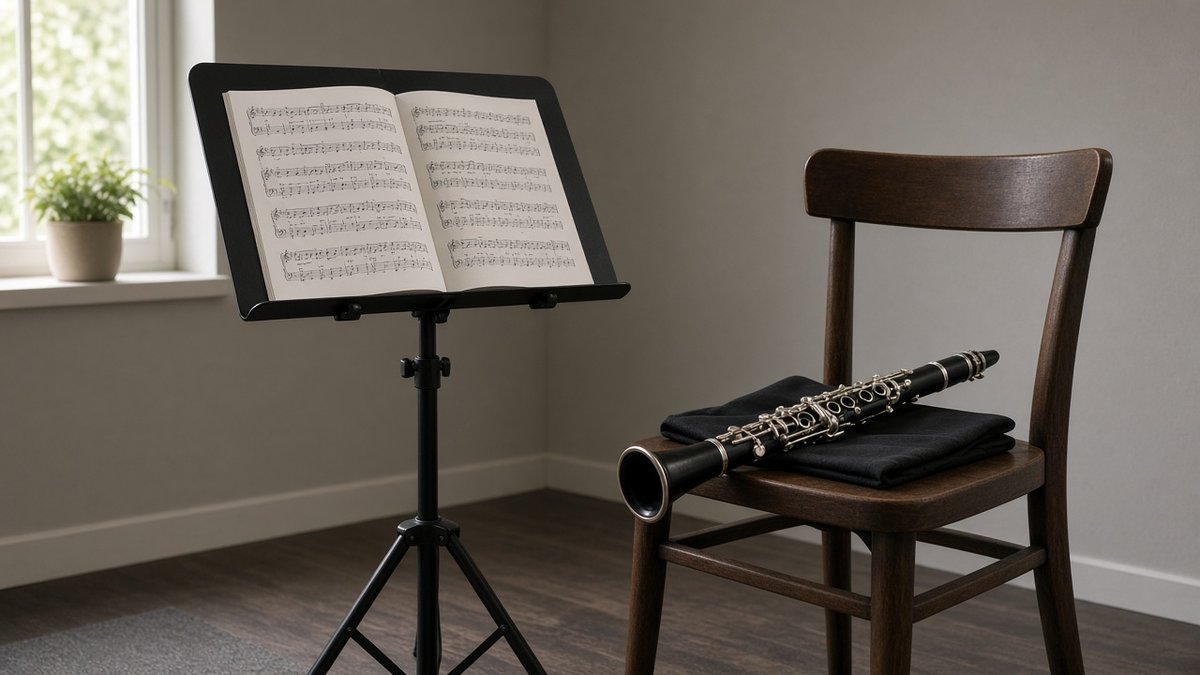 Music stand with sheet music and a clarinet on a chair