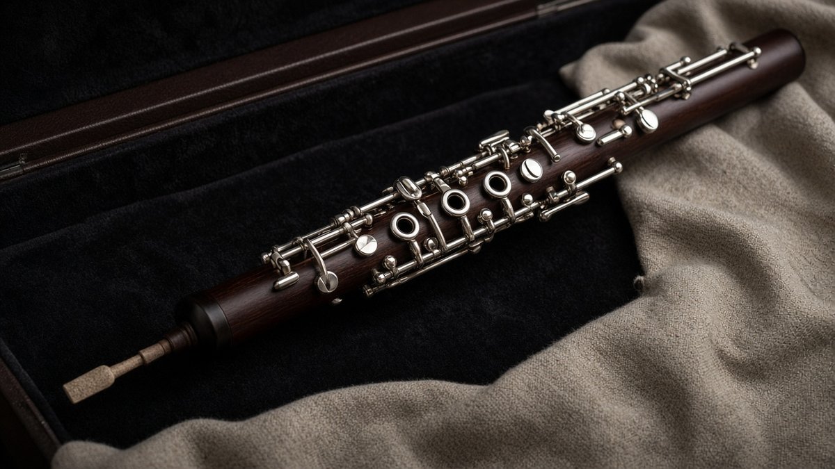 Oboe with a double reed resting in its case