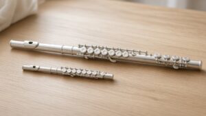 Silver piccolo beside a full-size flute for size comparison