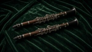 Two professional clarinets on dark green velvet