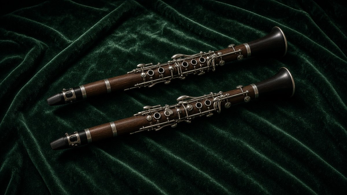 Two professional clarinets on dark green velvet