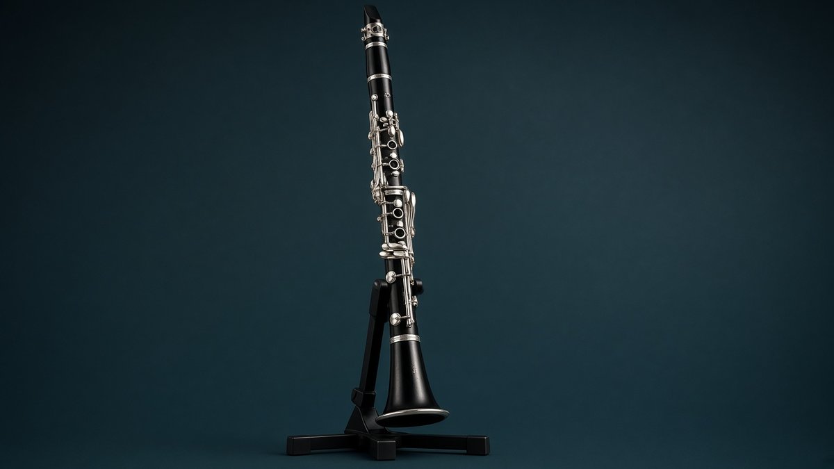 Professional clarinet standing on a stand against a teal backdrop