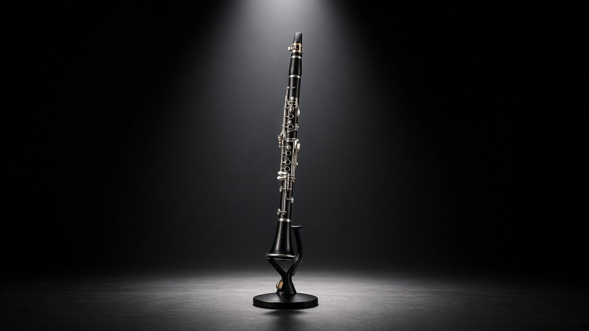 Professional clarinet standing in a spotlight on a dark stage