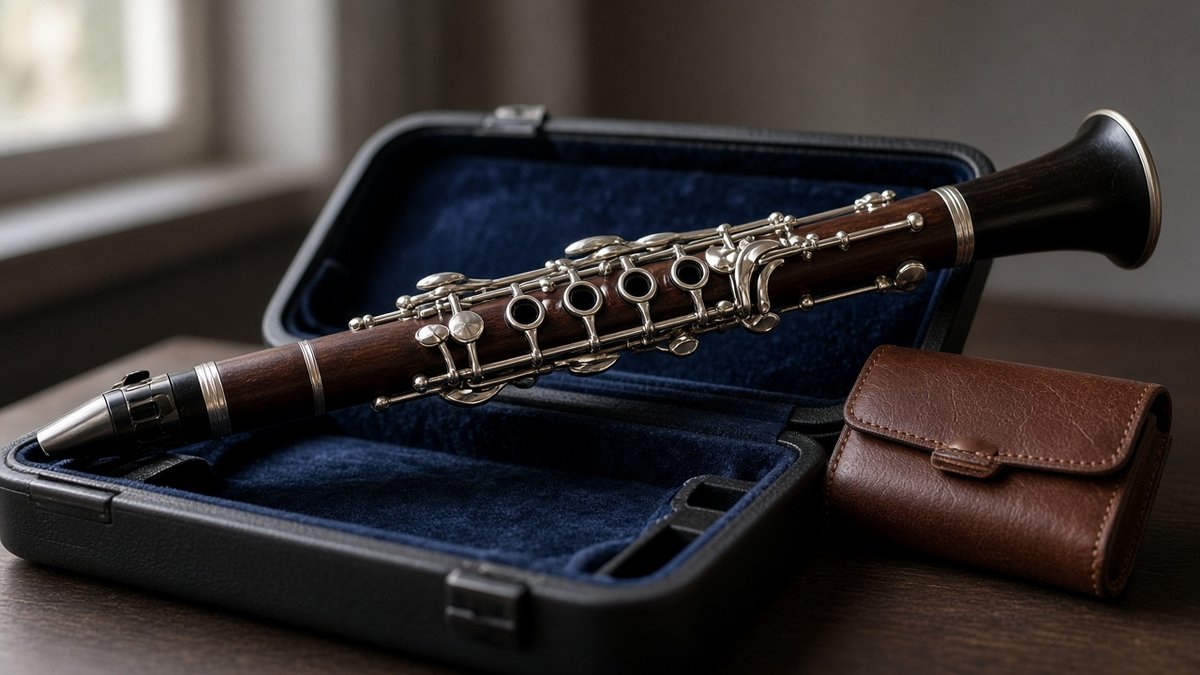 Professional wooden clarinet resting on an open case with blue velvet lining