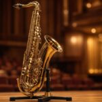Lacquered professional saxophone on a stand in a concert hall