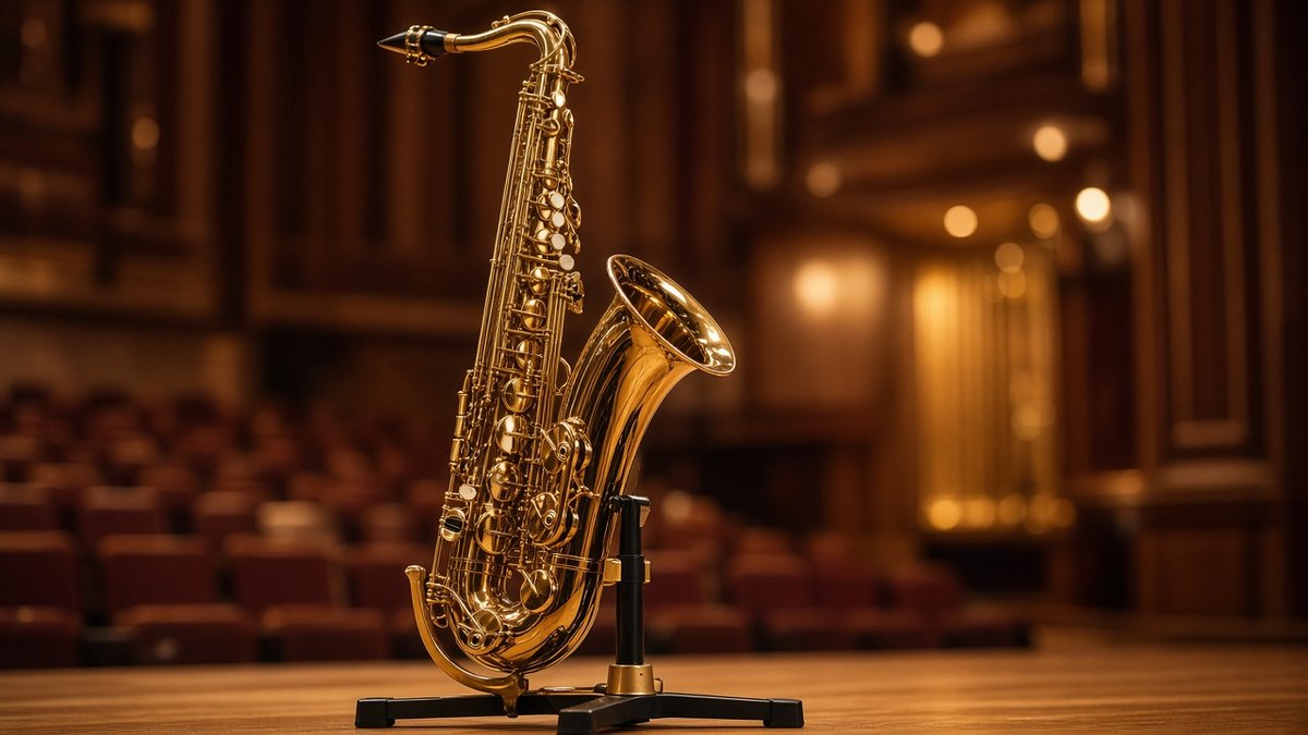 Lacquered professional saxophone on a stand in a concert hall
