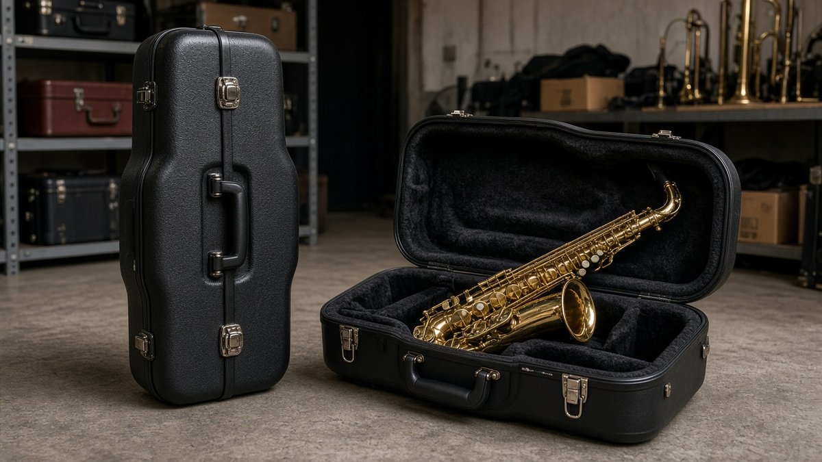 Open black saxophone case with a gold saxophone inside next to a closed case