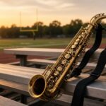 Alto saxophone with neck strap on stadium bleachers at golden hour