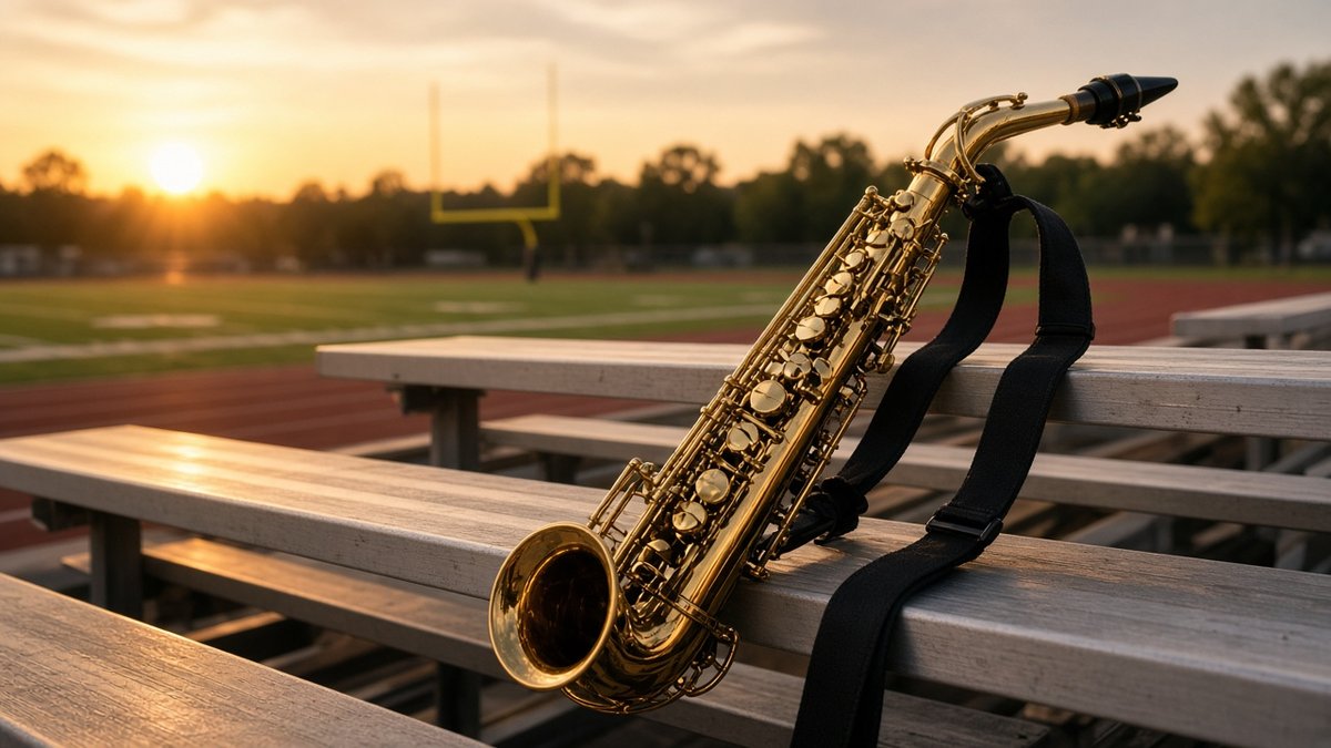 Alto saxophone with neck strap on stadium bleachers at golden hour