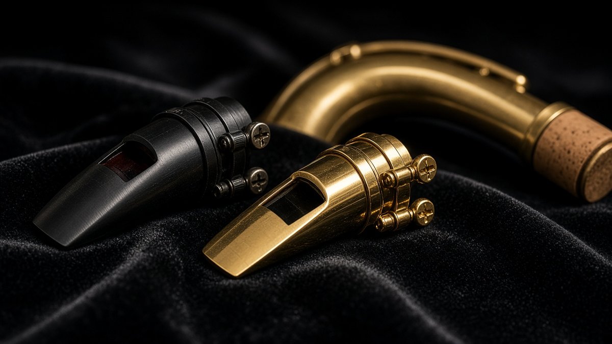 Two saxophone mouthpieces with ligatures next to a saxophone neck on velvet