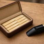 Open saxophone reed case with reeds beside a saxophone mouthpiece