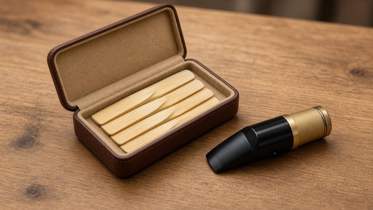 Open saxophone reed case with reeds beside a saxophone mouthpiece