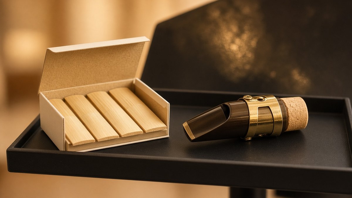 Box of saxophone reeds beside a saxophone mouthpiece on a black tray