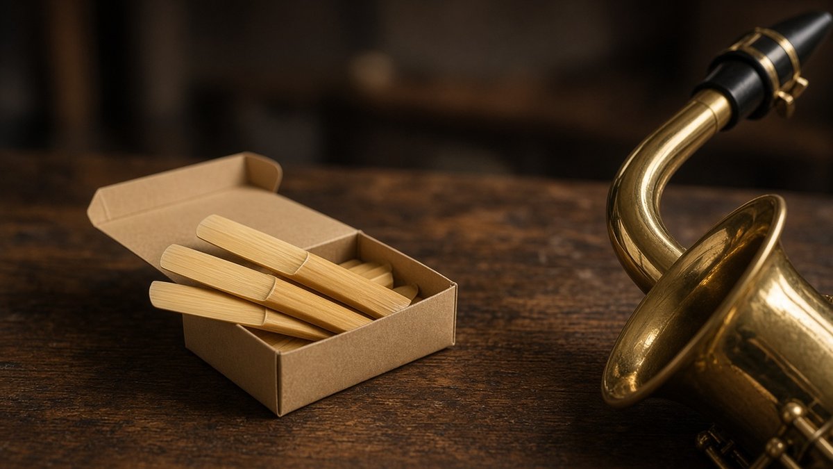 Box of reeds beside a saxophone neck and mouthpiece on a wooden table