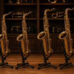 Four saxophones on stands in a row