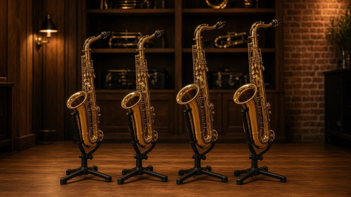 Four saxophones on stands in a row