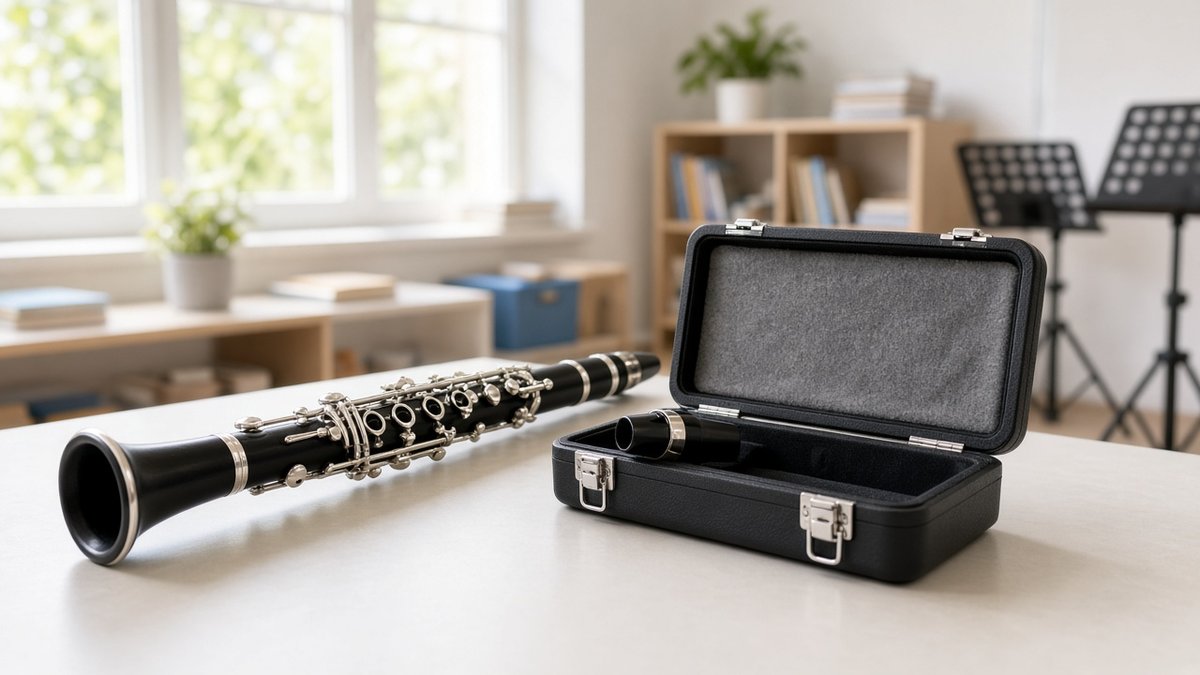 Student clarinet and open case on a white table in a bright room