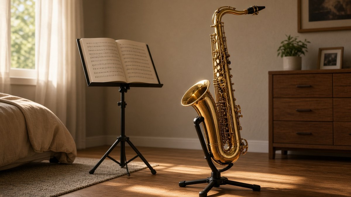 Tenor saxophone on a stand beside a music stand in a practice room