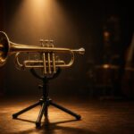 Brass trumpet on a stand on a jazz club stage
