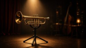 Brass trumpet on a stand on a jazz club stage