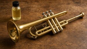 Brass student trumpet with a bottle of valve oil on a wooden table