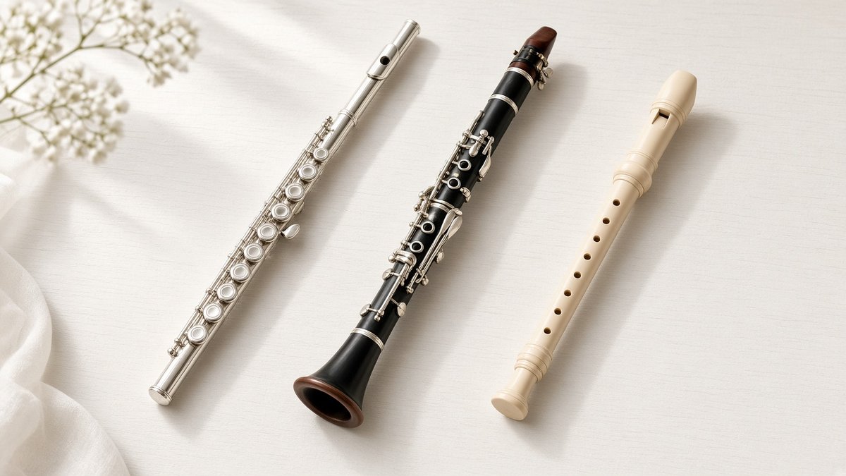Flute, clarinet and recorder on a light table