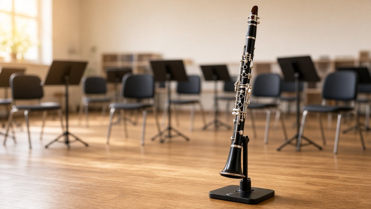 Student clarinet on a stand in a school band room