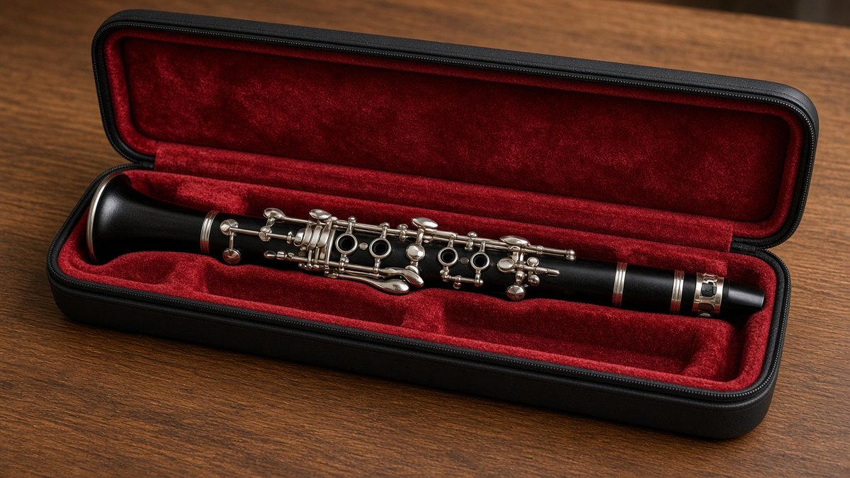 Clarinet in an open case with red velvet lining