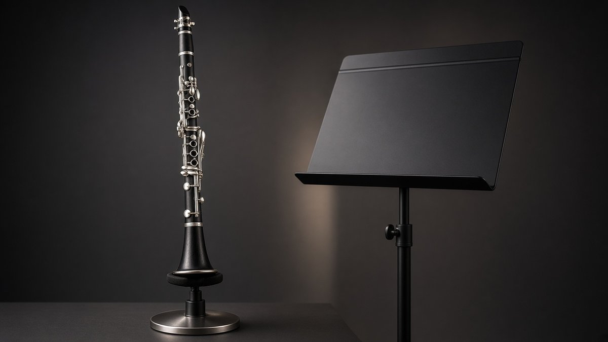 Black clarinet on a stand beside a music stand