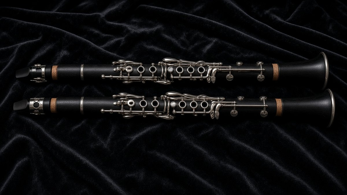 Two professional clarinets lying side by side on black velvet