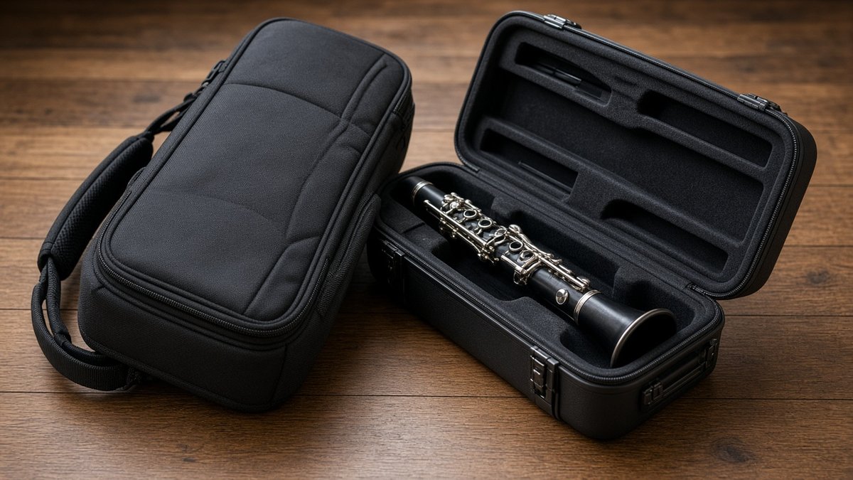 Clarinet gig bag beside an open hard case with a clarinet