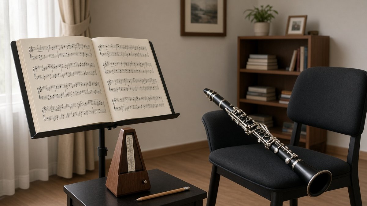 Clarinet practice setup with music stand, sheet music and metronome