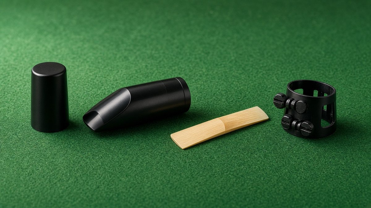 Clarinet mouthpiece, reed, ligature and cap on green felt