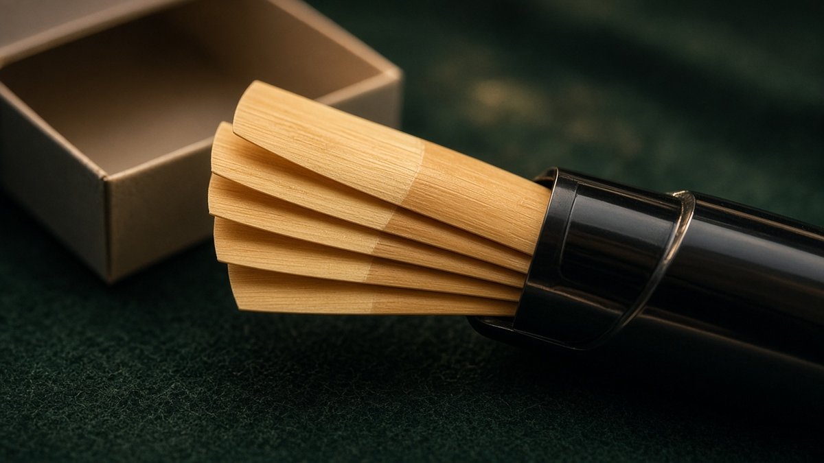 Fan of clarinet reeds on dark green felt