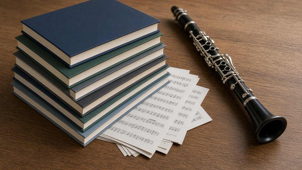 Clarinet beside a stack of books and sheet music on a wooden table