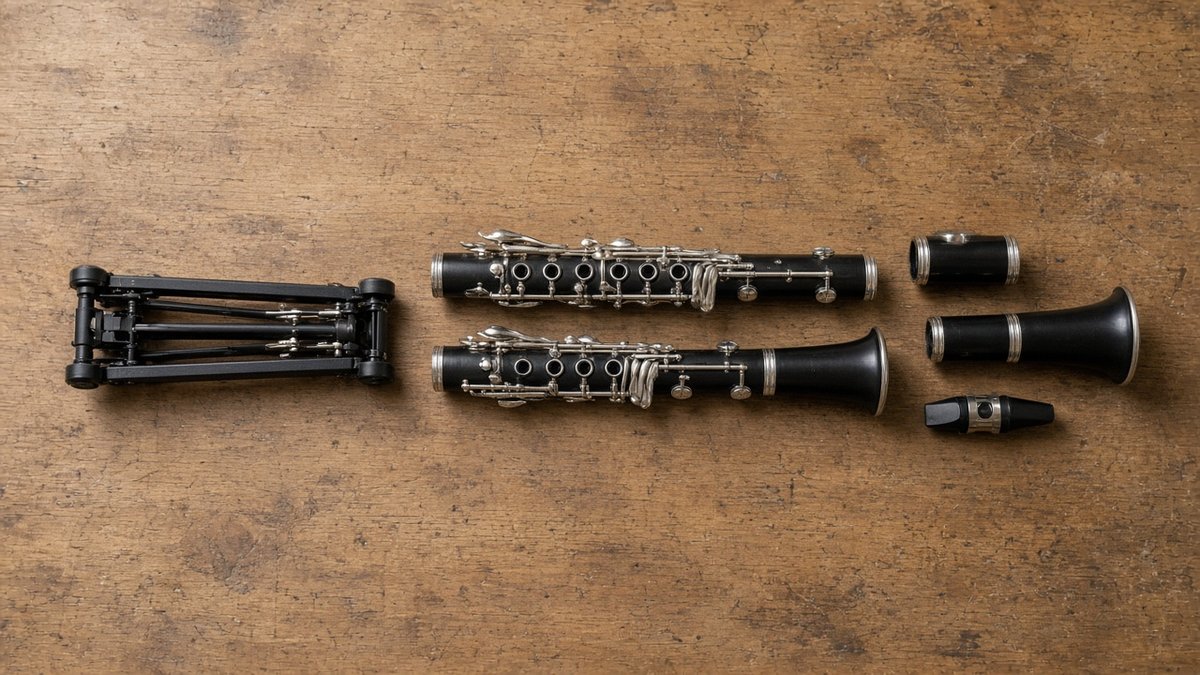 Disassembled clarinet and a folded portable stand on a wooden table