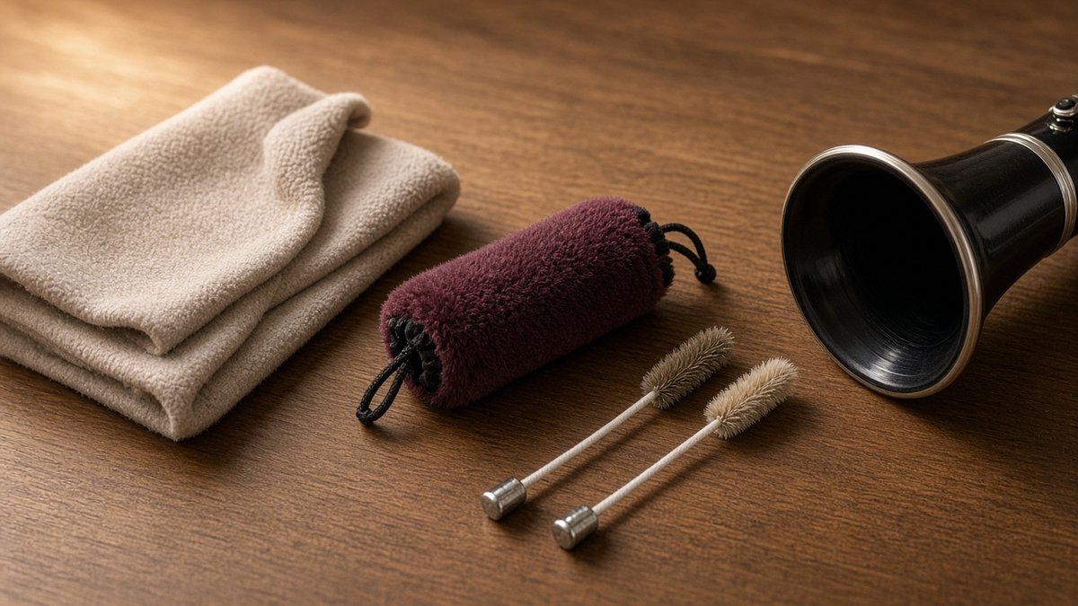 Clarinet swab, cloth and brushes with a clarinet bell on a wooden table