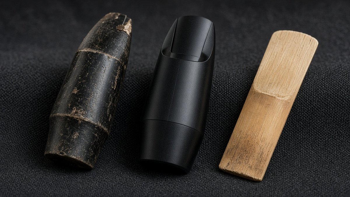 Old worn mouthpiece next to a new mouthpiece and a reed