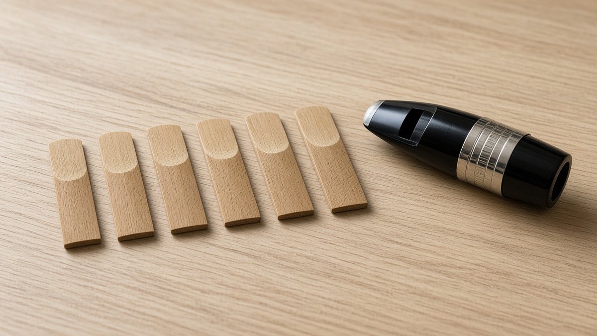 Clarinet reeds in a row next to a clarinet mouthpiece with ligature