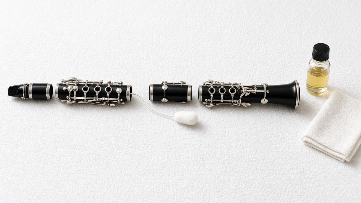 Disassembled clarinet with swab, key oil and cloth on a white surface