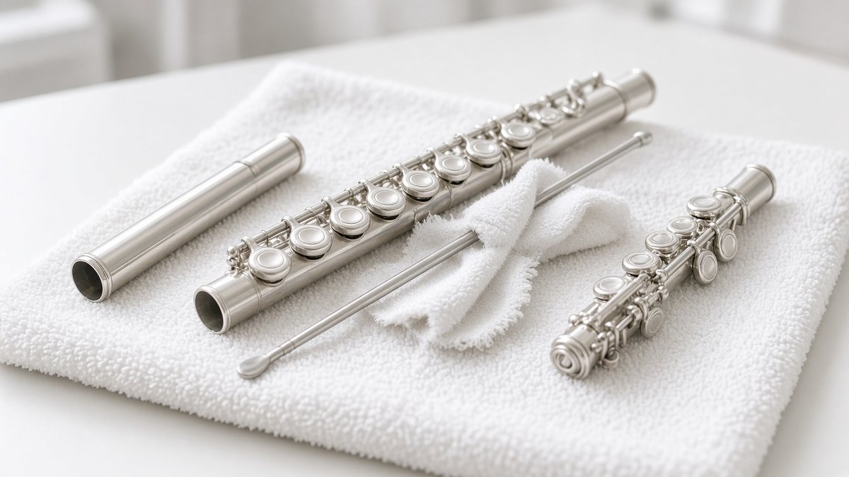 Disassembled flute with cleaning rod and cloth on a white towel