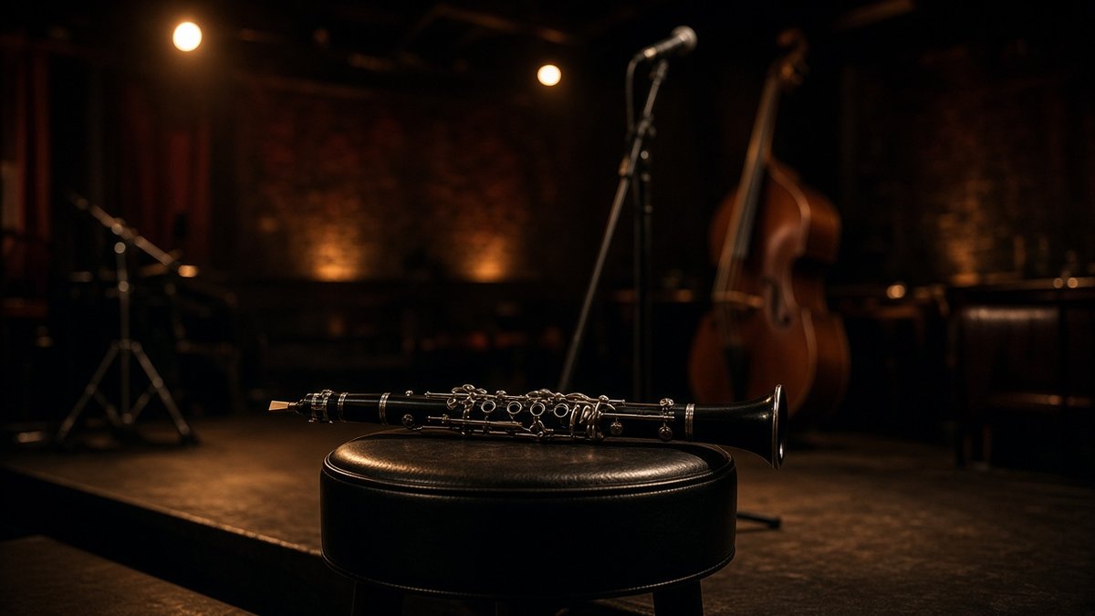 Clarinet resting on a stool on a jazz club stage