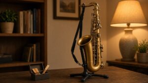 Alto saxophone on a stand in a cozy home practice corner