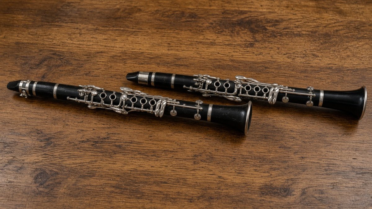 Two clarinets lying side by side on a wooden table
