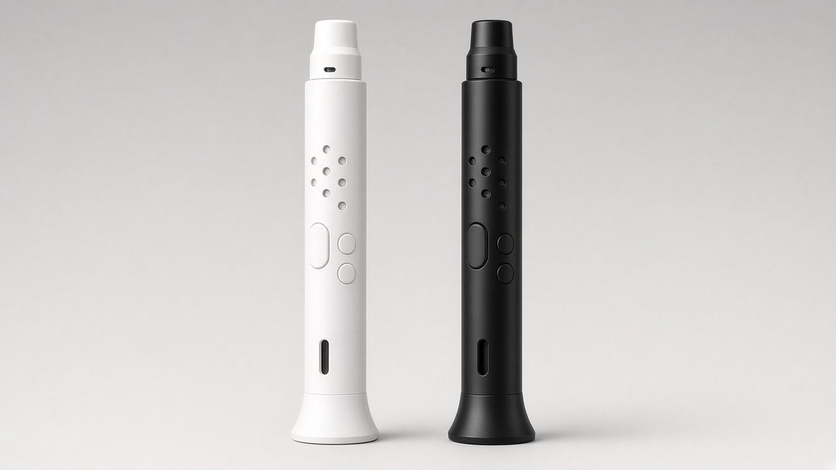 Two electronic wind instruments, one white and one black, side by side